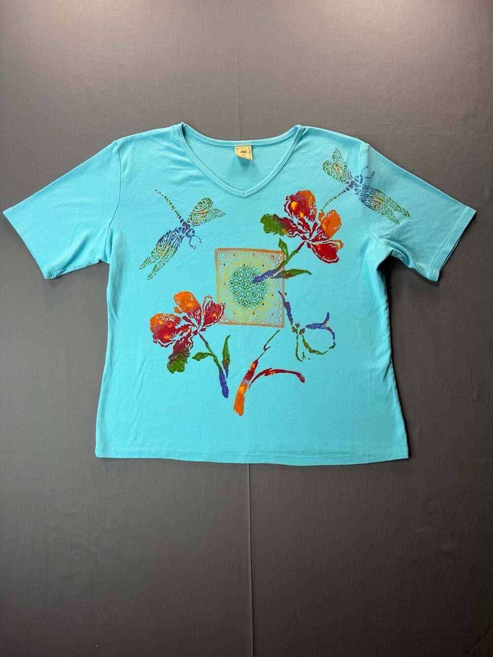 Vintage Y2K Jess & Jane Short Sleeve T-Shirt Size Petite Blue Floral Dragonfly